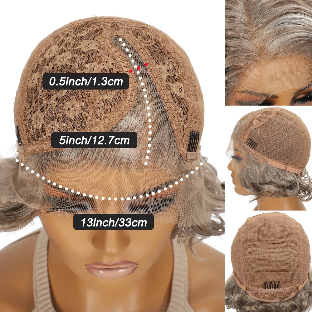 10 Inch Short Curly Wavy Blonde Black Grey Synthetic Wig for Women Natural Look T-Part Lace Front Hair Replacement