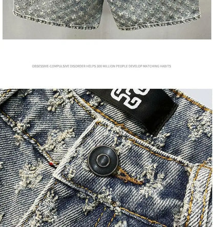 American Street Luxury Quality Retro Y2K Cowboy Shorts Summer Hip Hop Ins Mens Shaved Jacquard Couple Cowboy Pentagonal Pants