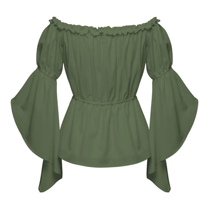 Women's Renaissance Ruffle Blouses, Ruched Sleeve Pleated Blouse, Off Shoulder Boat Neck Medieval Shirt, Victorian Shirt