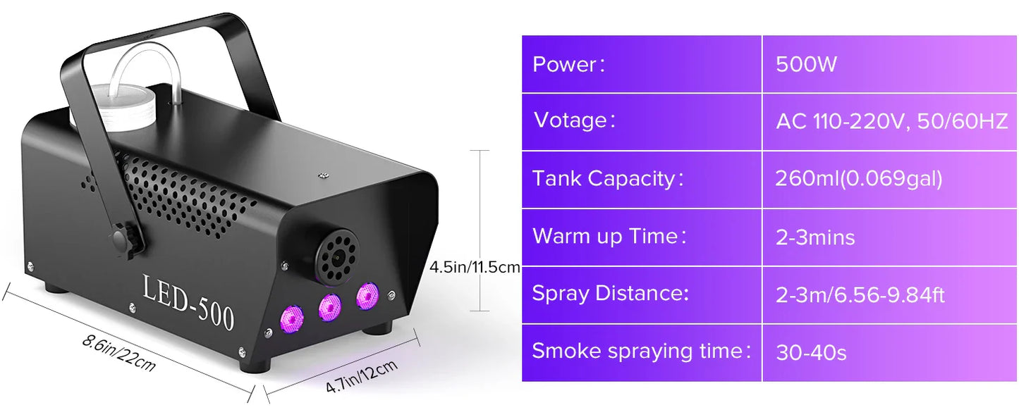 U'King 500W Machine à fumée RGB 3 LED Machine à brouillard de couleur mixte avec télécommande éjecteur de fumée de scène pour DJ Halloween Noël