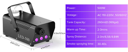 U'King 500W Machine à fumée RGB 3 LED Machine à brouillard de couleur mixte avec télécommande éjecteur de fumée de scène pour DJ Halloween Noël