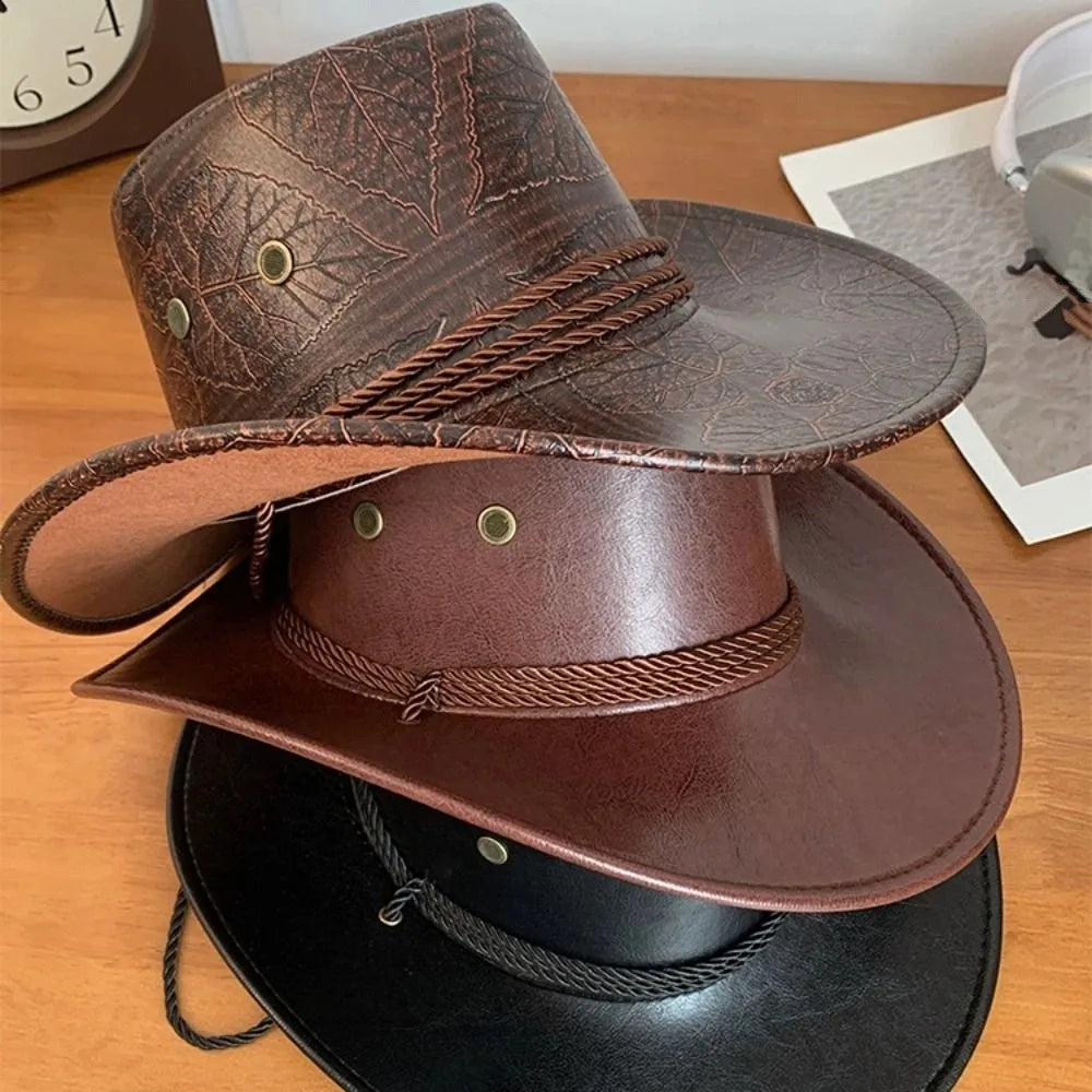 Chapeau de Cowboy occidental de Style ethnique Cool, chapeau de Jazz à large bord en rouleau, noir/marron, casquette à visière de couleur unie pour filles