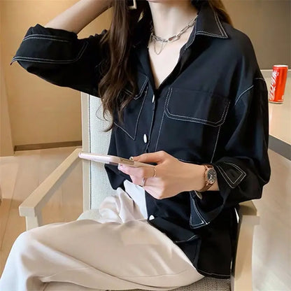 New Chic Sexy Chemise Tunic Long Sleeve White Collar Clothes Collared Aesthetic Tops Women's Blouse Korean Women Shirts Clothing