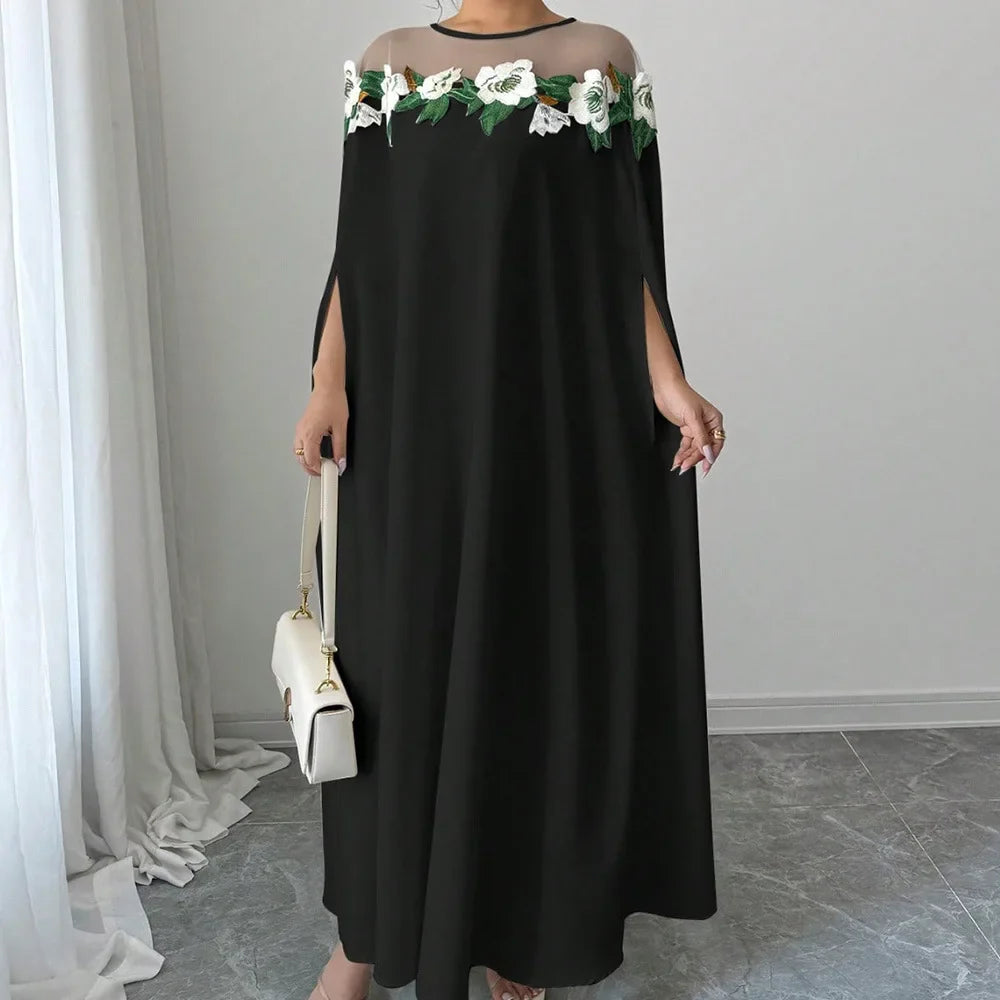 Robe longue de soirée élégante, à la mode, Chic, décoration florale, couleur unie, tempérament de printemps, robe longue ample