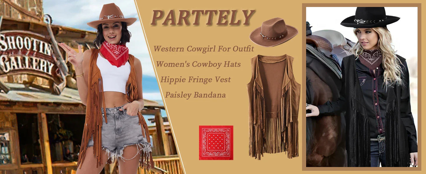 Women's Cowgirl Costume 3 Pcs Faux Suede Fringe Vest with Rivets Cowboy Hat Carnival Party Outfit Clubwear