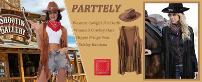 Women's Cowgirl Costume 3 Pcs Faux Suede Fringe Vest with Rivets Cowboy Hat Carnival Party Outfit Clubwear