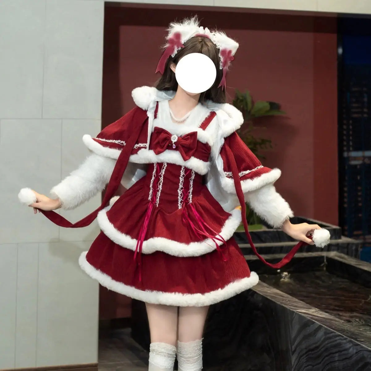 NONSAR-Ensembles de robes Lolita Kawaii japonaises pour femmes, châle à capuche, nœud, mini robe à bretelles, style coréen, doux, rouge, Noël, nouvel an imbibé