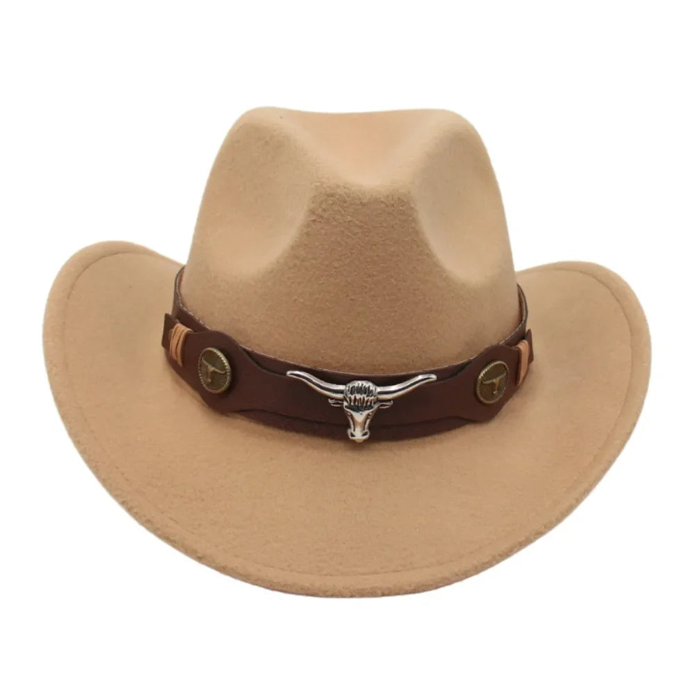 Chapeau de cowboy occidental en feutre pour enfants, accessoires de tête de bœuf, bande de vache, style tibétain, chapeau haut de forme ethnique, bord enroulé souple, casquette de cow-girl