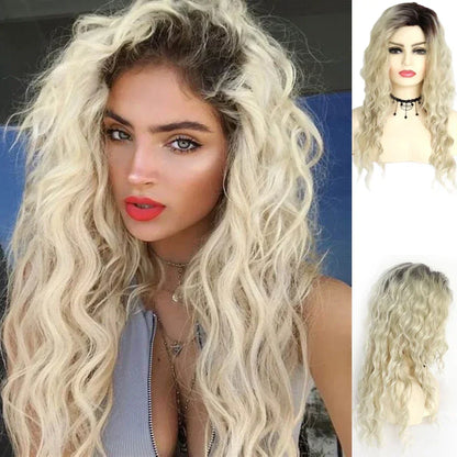 Perruque blonde bouclée cheveux synthétiques longs naturels perruques ondulées pour femmes blanches, raie libre, racines foncées, perruques ombrées, perruque ondulée tendance + autocollants