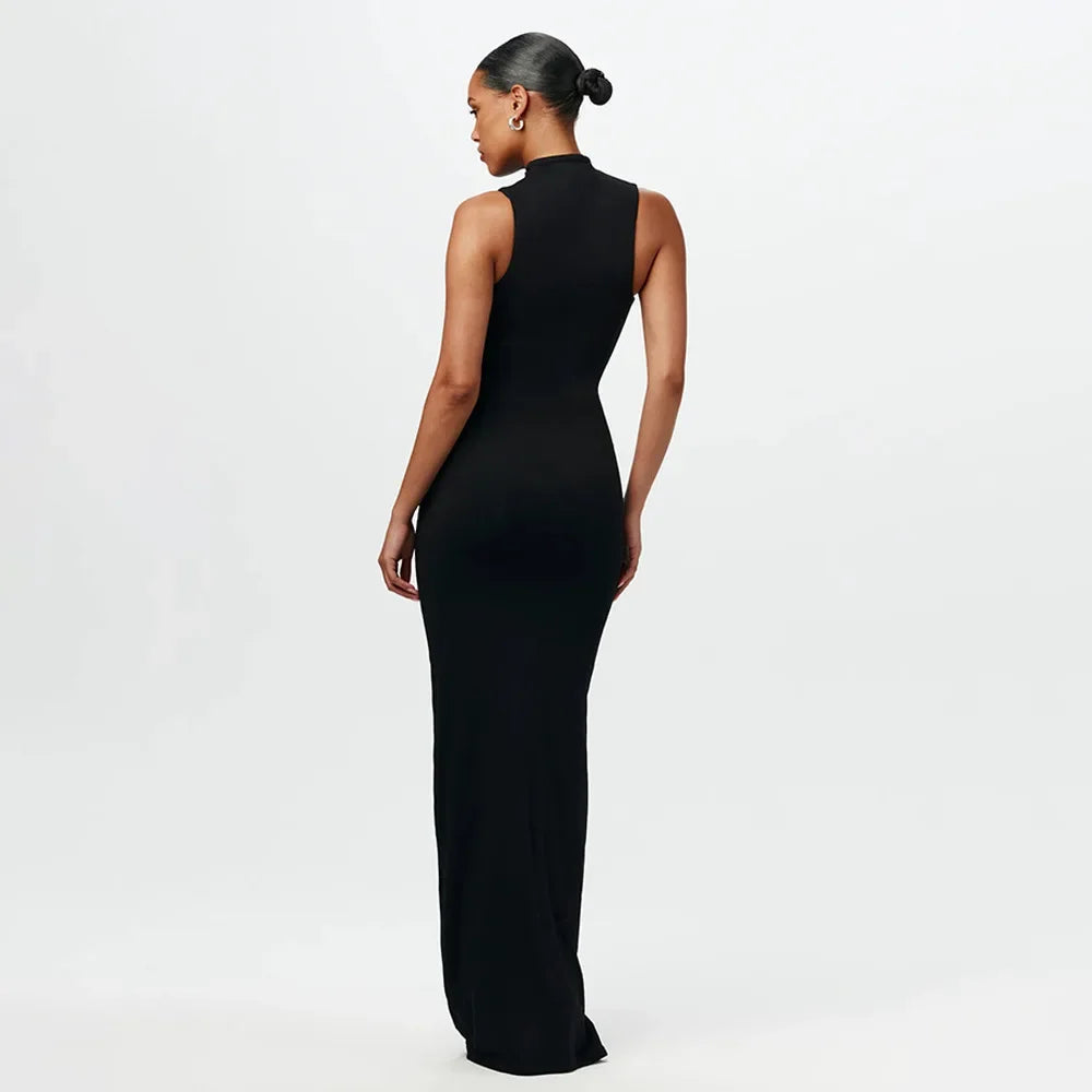 Slim Fit Wrap around Midriff Baring Sleeveless round Neck Dress for Women in Autumn And Winter Pure Color with Belt Detail