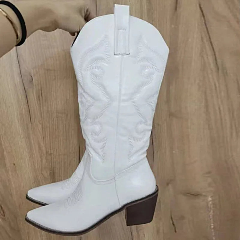 Cowboy Western Boots for Women Shiny Metallic Women's Embroidery Knee High Stiletto Pointed Toe Pink Shoes For Dropshipping