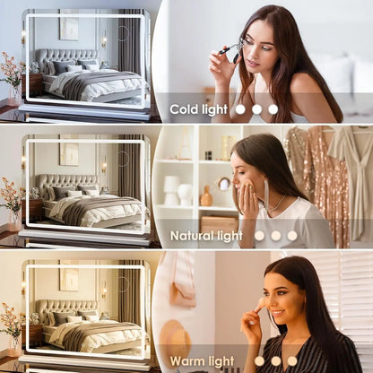 Miroir de maquillage avec éclairage LED 80x60 cm, grand miroir de la Confédération avec USB et type C, loupe 10x, indicateur de température 3 couleurs