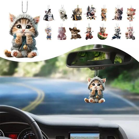 2D Car Pendant Hanging Ornament With Chain Realistic Animal Cat-Shaped Rearview Mirror Hanging Ornament Car Interior Decor Craf