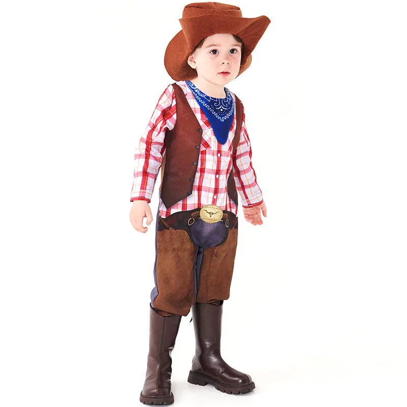 2024 Cowboy  Costume  Western Cow Vestboy Printed Bodysuit Halloween Sheriff Stage Performance Costume