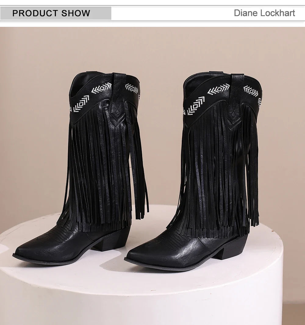 Bottes de cowboy pour femmes, brodées, à glands, talons épais, bout pointu, roses, de style western, bottes compensées sans lacets pour femme