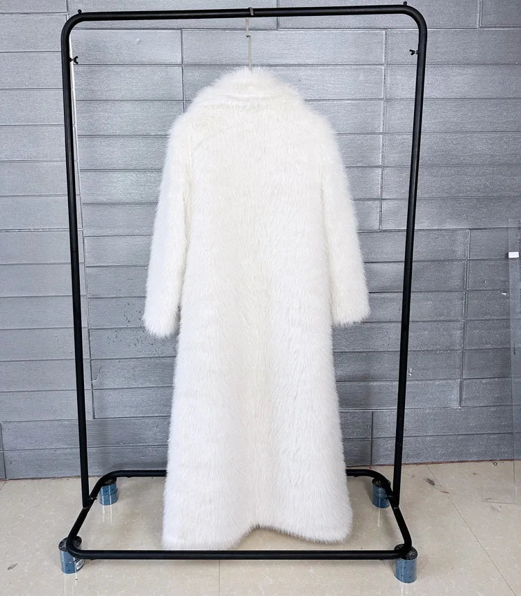 Manteau long en fausse fourrure pour femmes, automne hiver, grande taille, col rabattu blanc, poches, épais et chaud, manteau long maxi