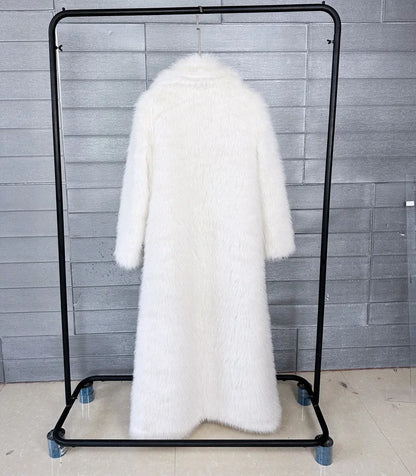 Manteau long en fausse fourrure pour femmes, automne hiver, grande taille, col rabattu blanc, poches, épais et chaud, manteau long maxi