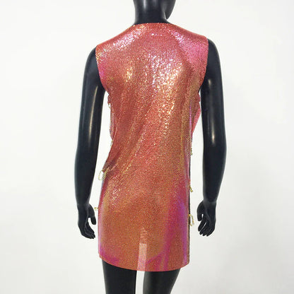 Shiny Y2k Metallic Sequins Mini Dresses For Women Sleeveless Backless Sexy Low Cut See Through Sexy Solid Clubwear Party Dress