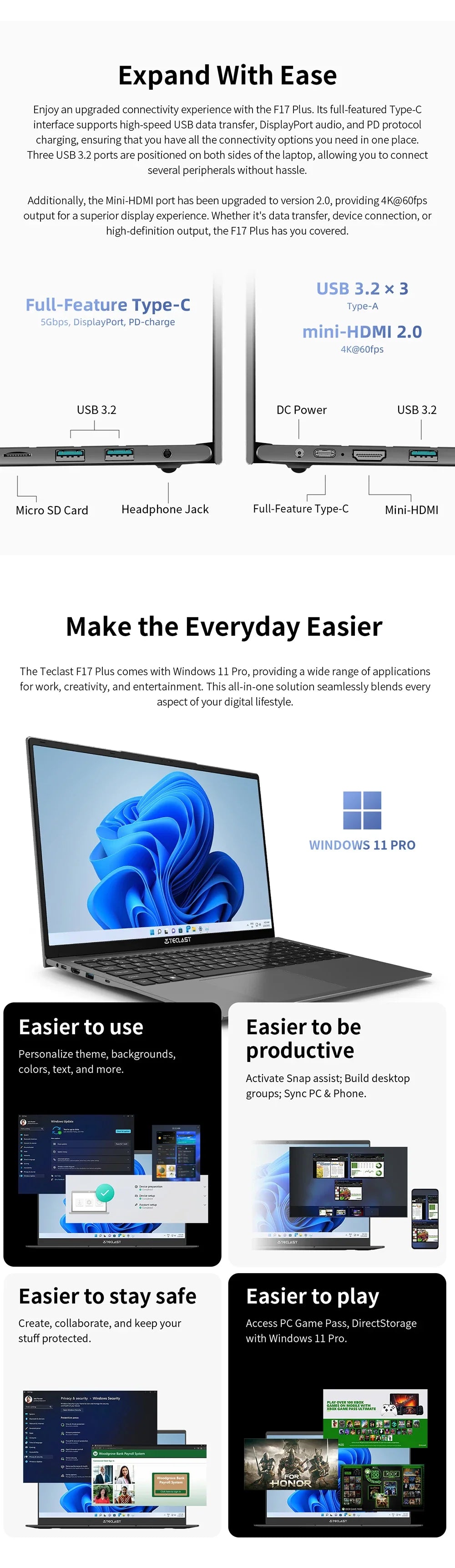 Teclast F17Plus Laptop 17.3 inch, 16GB RAM 512GB SSD, Intel N95, Windows 11 Pro Notebook, 180° Flip Laptops Computer, Backlit Keyboard, mini-HDMI，USB 3.2x3