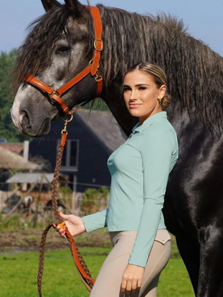 MXLLINA Tee-shirts d'équitation bordeaux femme hauts équestres doux à manches longues pour femme cavalière chemise de base vêtement