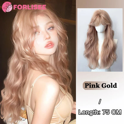 Pink Blonde Highlights Long Wavy Wig Synthetic Colorful Lolita Cosplay Hair Wigs with Bangs for Women Heat Resistant Daily Use