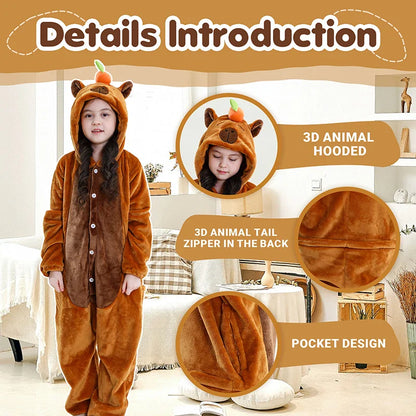 MICHLEY – Combinaison à capuche en flanelle motif Capybara pour enfant, pyjama, grenouillère, déguisement pour Halloween, pour garçon et fille