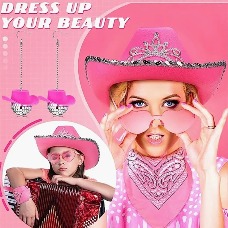 Chapeau cow-girl rose avec bandana lunettes soleil, accessoires WesternCostume pour femmes filles, fournitures