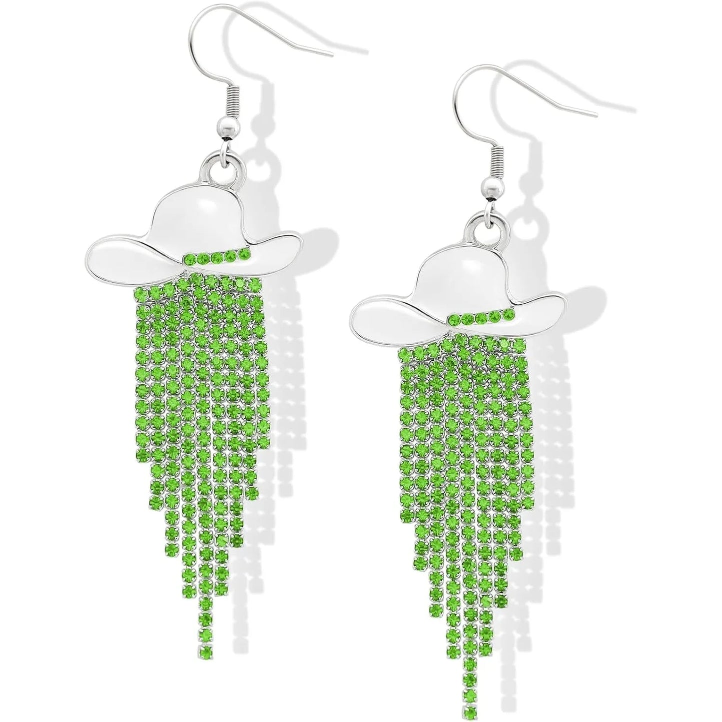 Boucles d'oreilles pendantes de cowgirl de l'Ouest, Chapeau en émail, Pendentif à pompon strass scintillant, Bijoux pour femmes pour bal, concerts country, rodéo, cow-boy