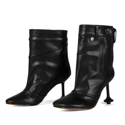 European and American Alien and Square Head Splicing Design Water Washed Cowboy Boots for Women's Trendy Side Zipper Short Boots