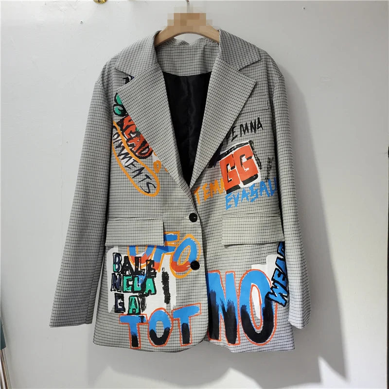 Femmes Lettres Graffiti Carreaux Blazers Manteau Carreaux Costumes Veste Mi-Longue OL Col Rabattu Cardigan Court Hauts Jaqueta