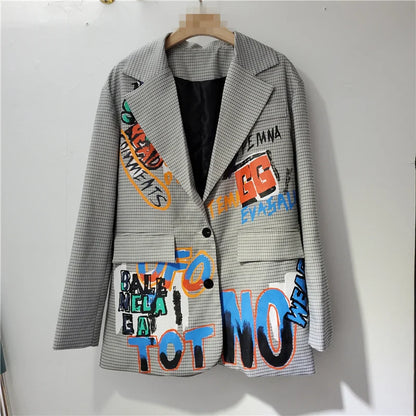 Women Letters Graffiti Checked Blazers Coat Plaids Suits Jacket Mid Length OL Turn Down Collar Cardigan Crop Tops Jaqueta