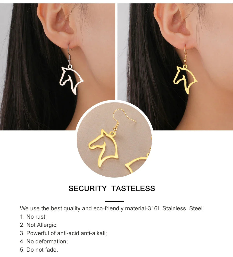 My Shape Boucles d'oreilles tête de cheval pour femme, acier inoxydable, goutte de cheval, boucle d'oreille pendante, bijoux amoureux, cadeaux du Nouvel An