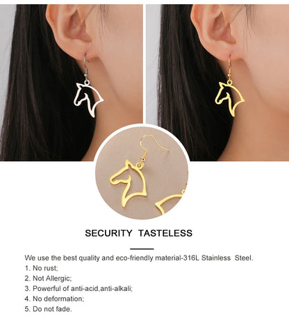 My Shape Boucles d'oreilles tête de cheval pour femme, acier inoxydable, goutte de cheval, boucle d'oreille pendante, bijoux amoureux, cadeaux du Nouvel An