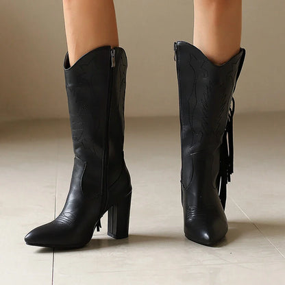 Botas De Mujer bottes De Cowboy occidentales brodées femmes mode pointu gland côté fermeture éclair genou bottes hautes chaussures gothiques 8508
