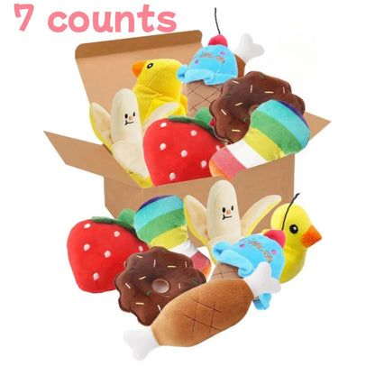 Un ensemble de 7 pièces de jouets sonores pour chiots, à mâcher en peluche en vrac pour animaux de compagnie, collations aux fruits et jouets pour chiots de légumes, adaptés aux jeux mignons