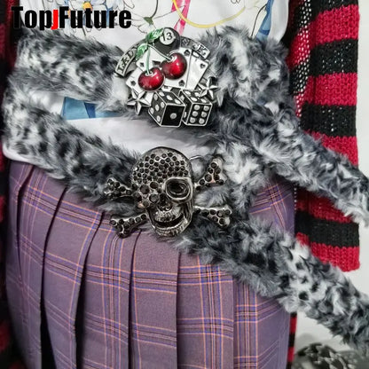 Y2K-Harajuku Western Cowboy Furry Snowleopard Punk Skull Belt, Gift for Women and Men, Girls