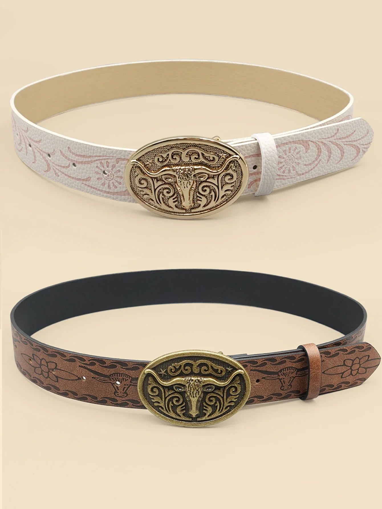Ceinture décontractée vintage de style cowboy occidental – Boucle sculptée en tête de bœuf et imprimé bohème, parfaite pour les déplacements quotidiens et les tenues de rencontres