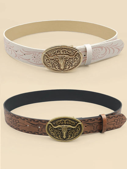 Ceinture décontractée vintage de style cowboy occidental – Boucle sculptée en tête de bœuf et imprimé bohème, parfaite pour les déplacements quotidiens et les tenues de rencontres