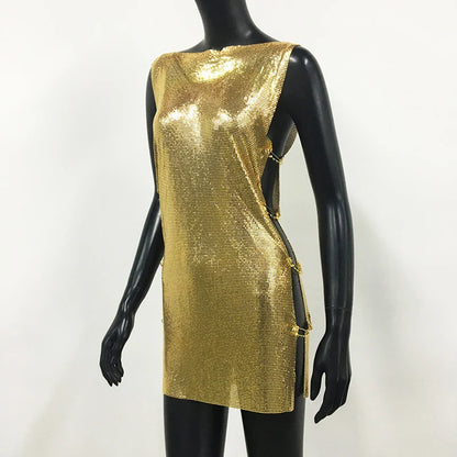 Shiny Y2k Metallic Sequins Mini Dresses For Women Sleeveless Backless Sexy Low Cut See Through Sexy Solid Clubwear Party Dress