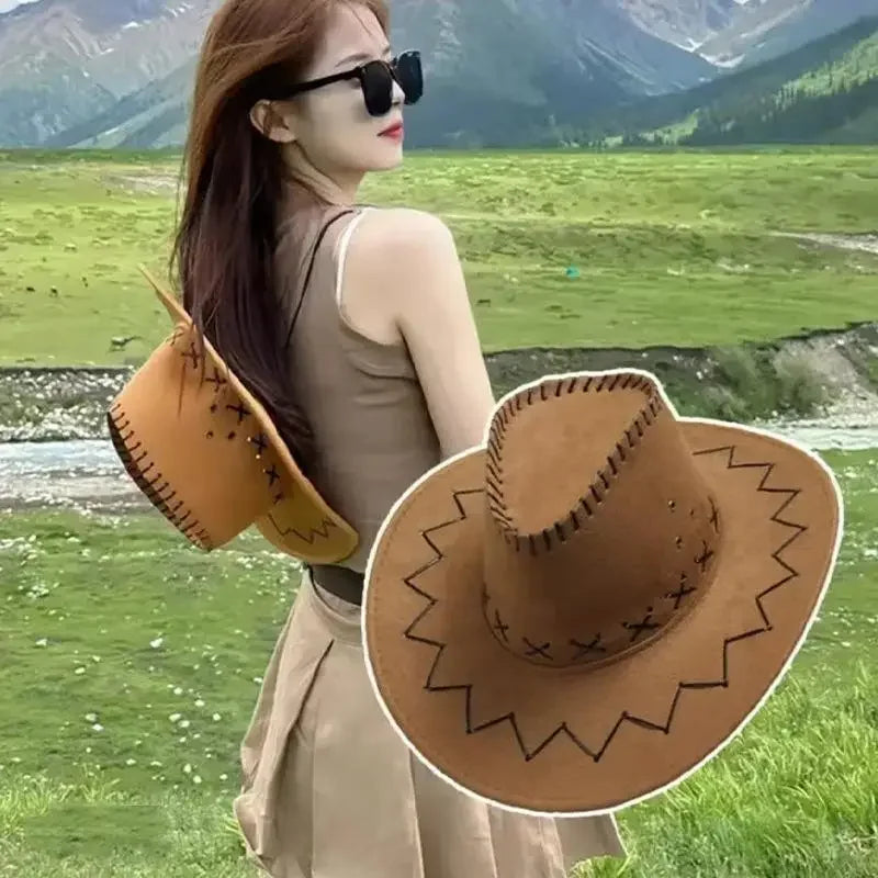 Unisex Western Suede Cowboy Hat, Fashion Cowgirl Cap for Women and Men, Fancy Dress, Party Headwear Accessory