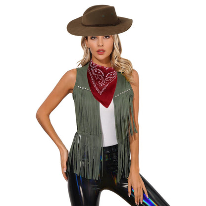 Gilet de cowboy pour femme, costume de cosplay, en faux daim, avec pompons et rivets, pour Halloween, avec bandana