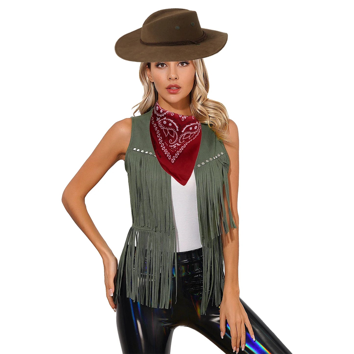Women Cowboy Vest Halloween Party Western Cowgirl Cosplay Costume Faux Suede Tassel Fashion Rivets Waistcoat with Bandanna Hat