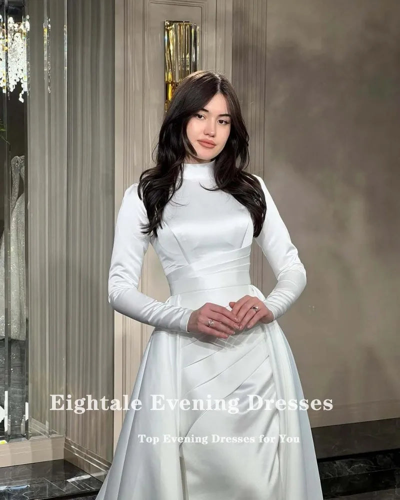 Eightale Arabic Wedding Dress High Neck Customized White Ivory Mermaid Long Sleeves Muslim Satin Bridal Gown Robe De Mariée
