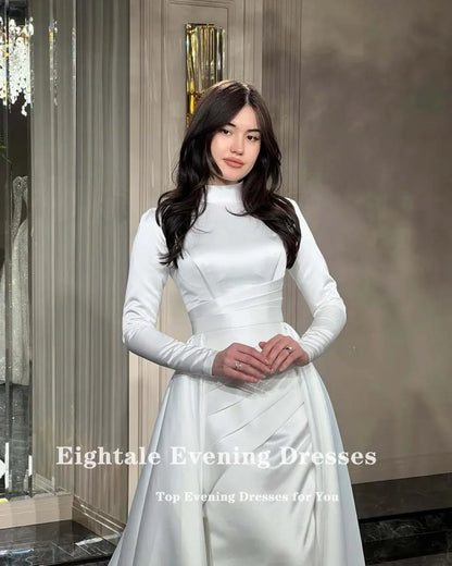 Eightale Arabic Wedding Dress High Neck Customized White Ivory Mermaid Long Sleeves Muslim Satin Bridal Gown Robe De Mariée