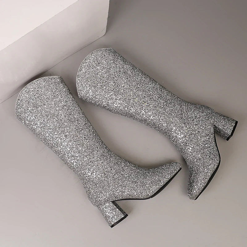 Bottes Hautes Scintillantes pour Femme, Ajustement Confortable, Talons 6,5 cm, Hiver 2024