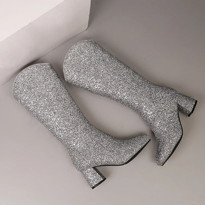 Bottes Hautes Scintillantes pour Femme, Ajustement Confortable, Talons 6,5 cm, Hiver 2024