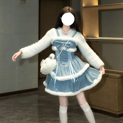 NONSAR-Ensembles de robes Lolita Kawaii japonaises pour femmes, châle à capuche, nœud, mini robe à bretelles, style coréen, doux, rouge, Noël, nouvel an imbibé