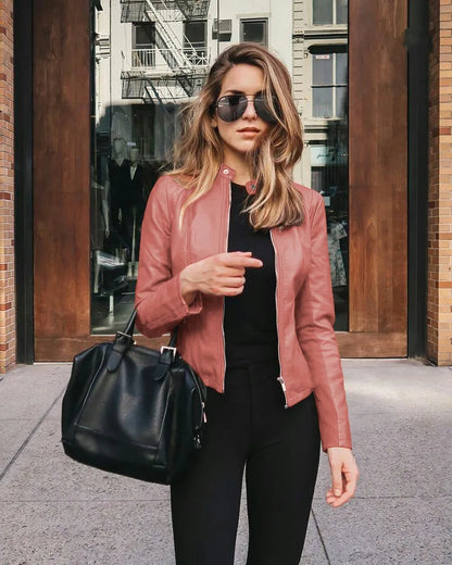 Women Pu Jacket Vintage Streetwear Stand Collar Zipper Leather Moto Biker Coats Punk Casual Female Tops Spring Short Outerwear