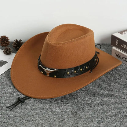 Chapeau de Cowboy occidental de Style ethnique Cool, chapeau de Jazz à large bord en rouleau, tête de vache, chapeau de chevalier de couleur unie, Protection solaire
