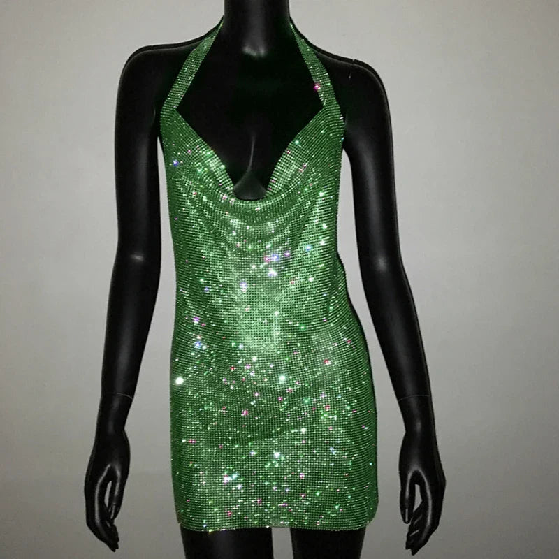 Robe de soirée sexy pour femme Bling Diamante, en cristal et strass, dos nu, pour festival, cocktail, soirée, rave.